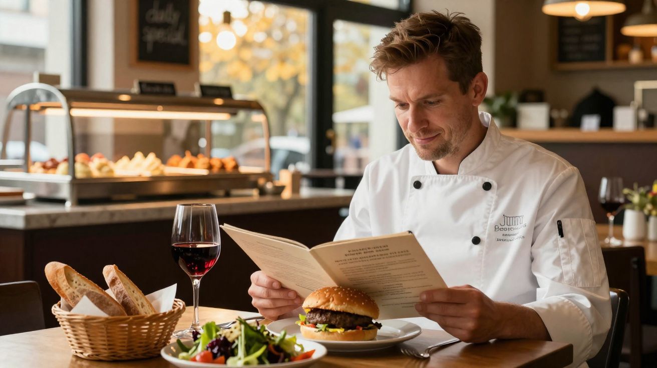 Chef sentado a ler o menu num restaurante, com hambúrguer, salada, pão e copo de vinho na mesa.