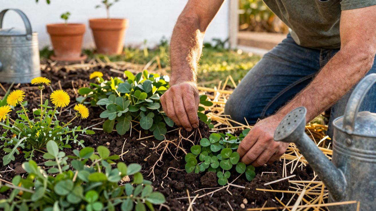 Pessoa a transplantar plantas jovens num jardim com terra e flores amarelas ao sol.