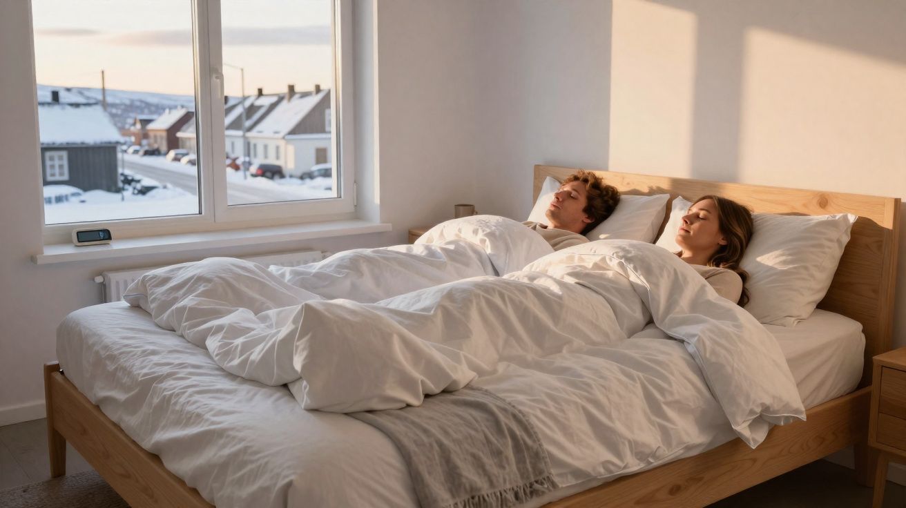 Casal a dormir numa cama de madeira com roupa de cama branca numa casa com vista para a neve.
