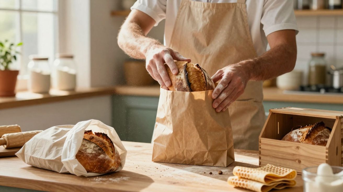 Pessoa a colocar pão fresco numa embalagem de papel numa cozinha iluminada.