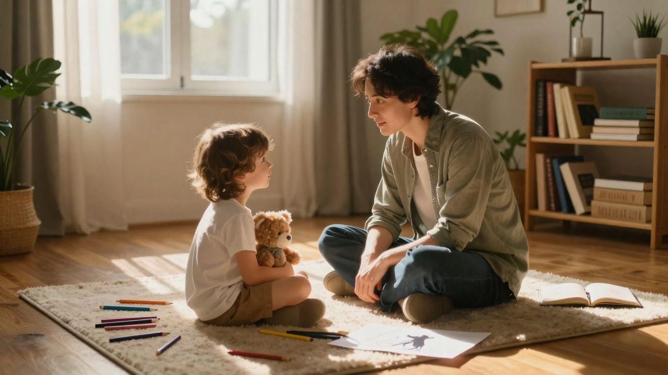 Criança sentada com urso de peluche, conversa com adulto sentado no tapete de uma sala iluminada.