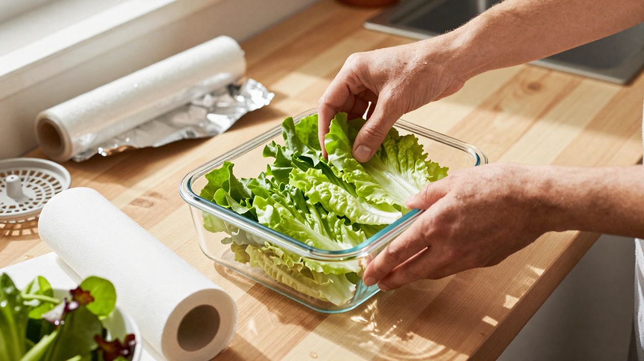 Mãos a colocar folhas de alface fresca num recipiente de vidro numa cozinha com bancada de madeira.