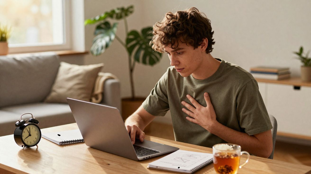 Jovem sentado à mesa com portátil, mão no peito, ao lado de chá e bloco de notas, em ambiente acolhedor.