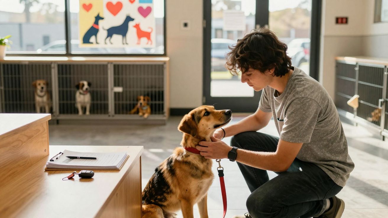 Jovem a acariciar cão com coleira vermelha numa clínica veterinária com cães em gaiolas ao fundo.