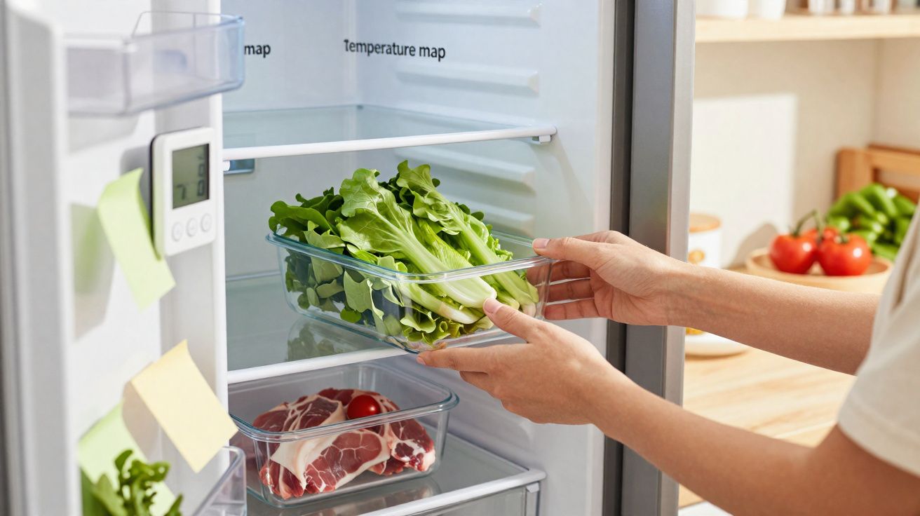 Pessoa a colocar alface numa caixa de plástico dentro de um frigorífico com carne e tomate.