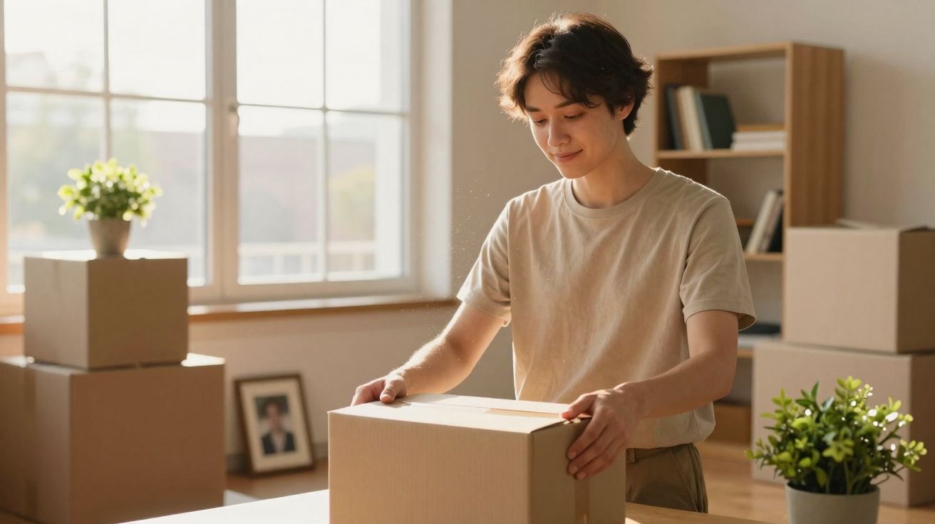 Jovem a desembrulhar uma caixa de cartão numa sala iluminada com várias caixas e plantas.