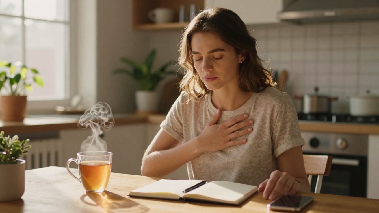 Mulher sentada à mesa com chá quente, mão no peito e olhos fechados, parecendo desconforto.