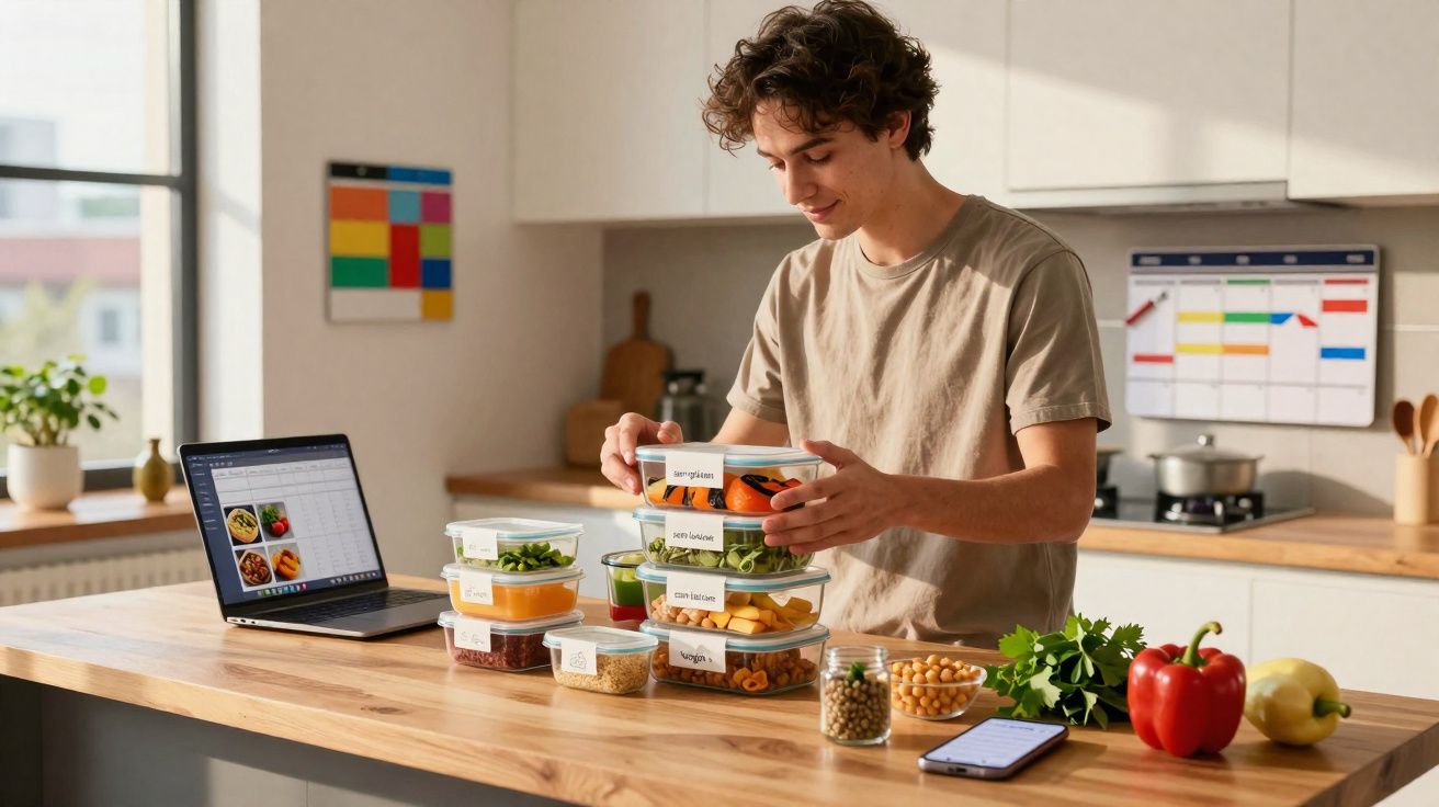 Pessoa a organizar refeições saudáveis em caixas com rótulos numa cozinha moderna e iluminada.