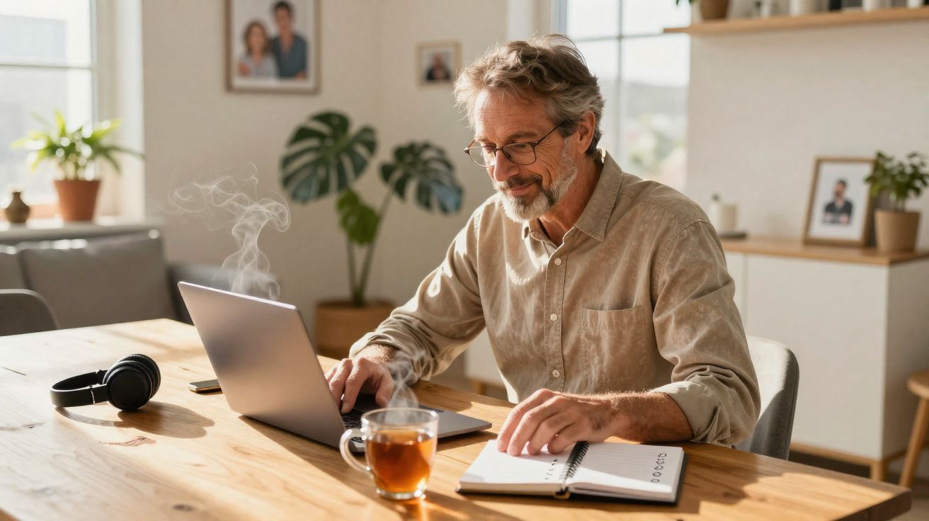 Homem sénior trabalha no portátil com chá quente e caderno a um ambiente luminoso e acolhedor.
