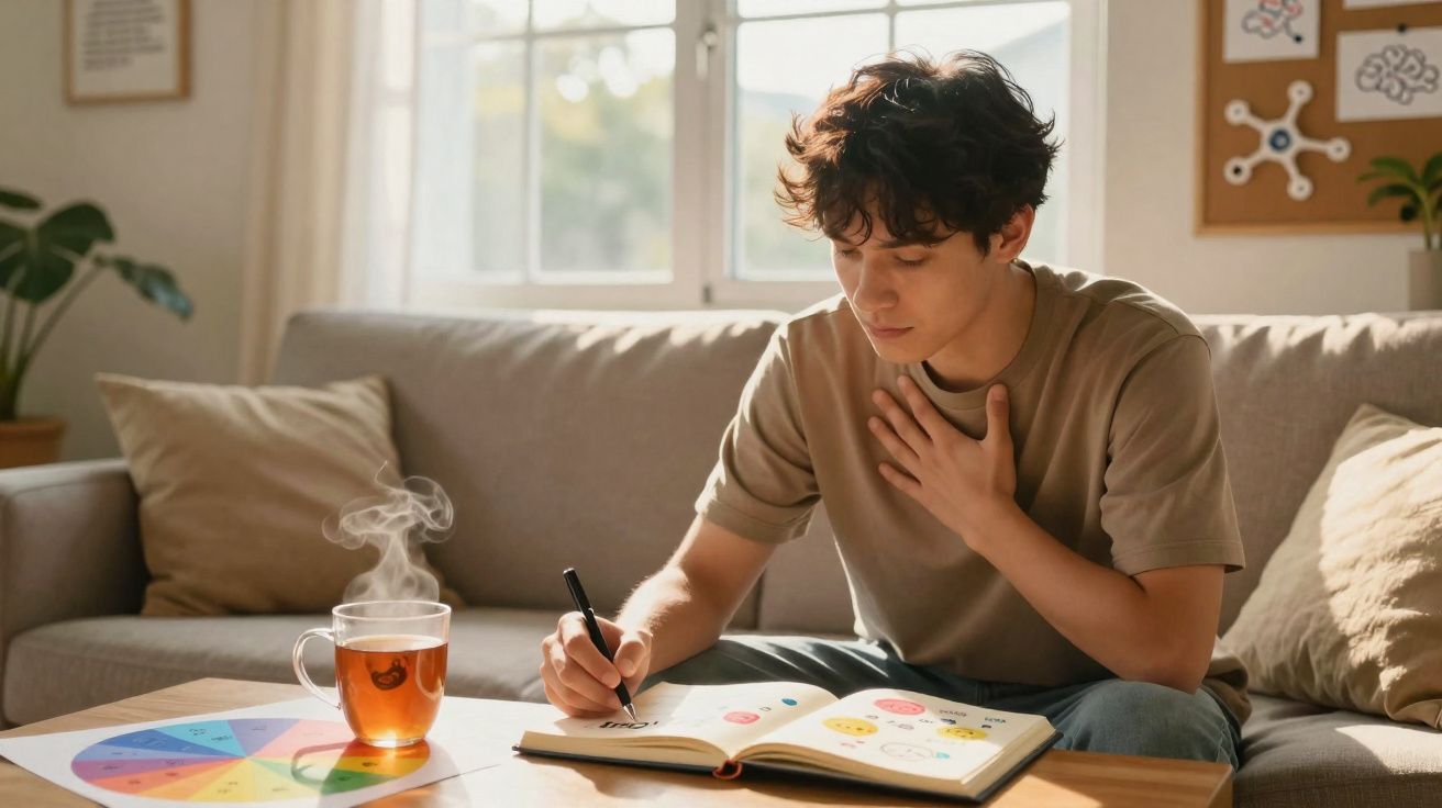 Jovem sentado no sofá escreve num caderno de emoções, com chá quente numa mesa de madeira à sua frente.
