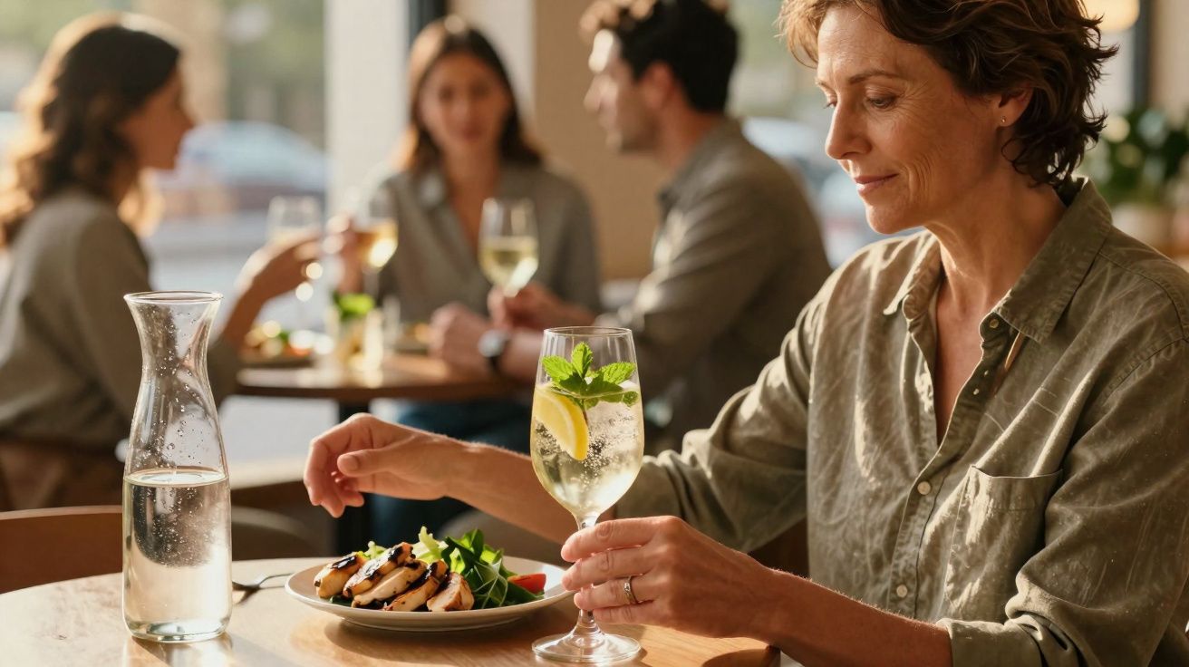 Mulher a apreciar bebida com limão e salada num restaurante com outras pessoas ao fundo.