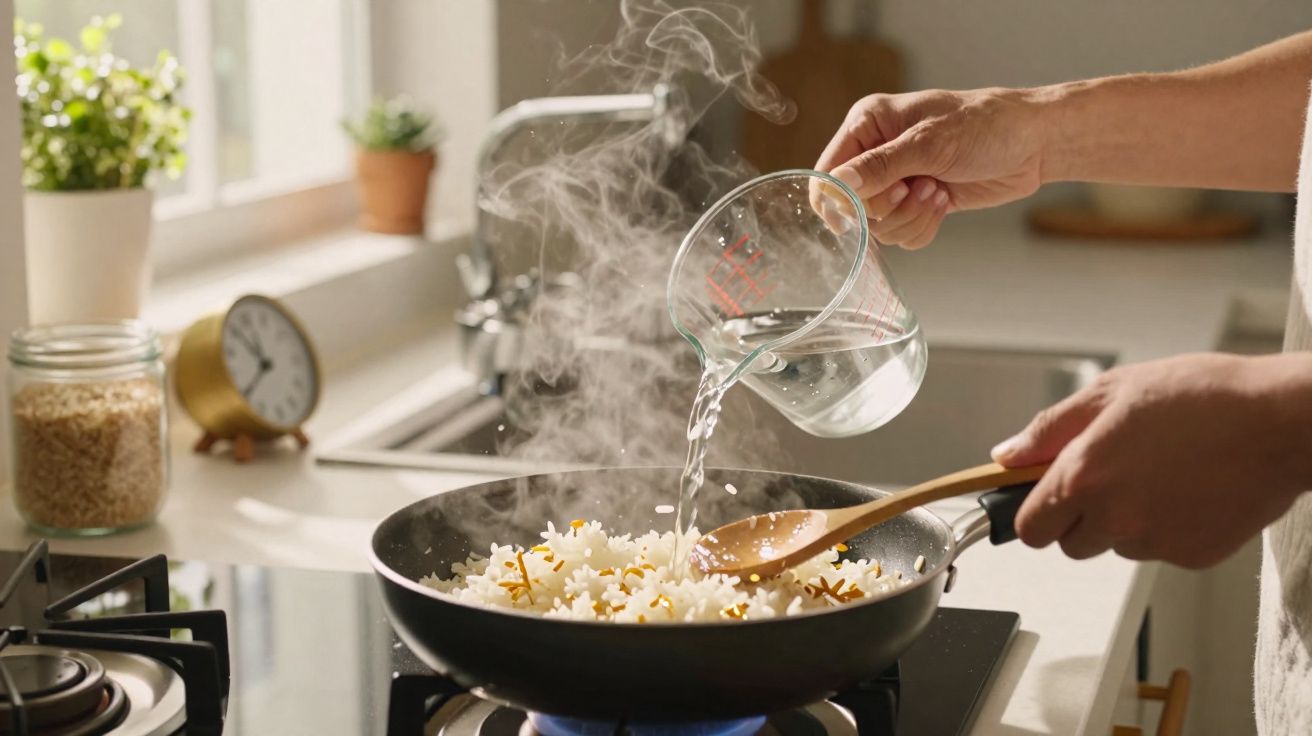 Pessoa a cozinhar arroz numa frigideira com água a ferver numa cozinha iluminada.