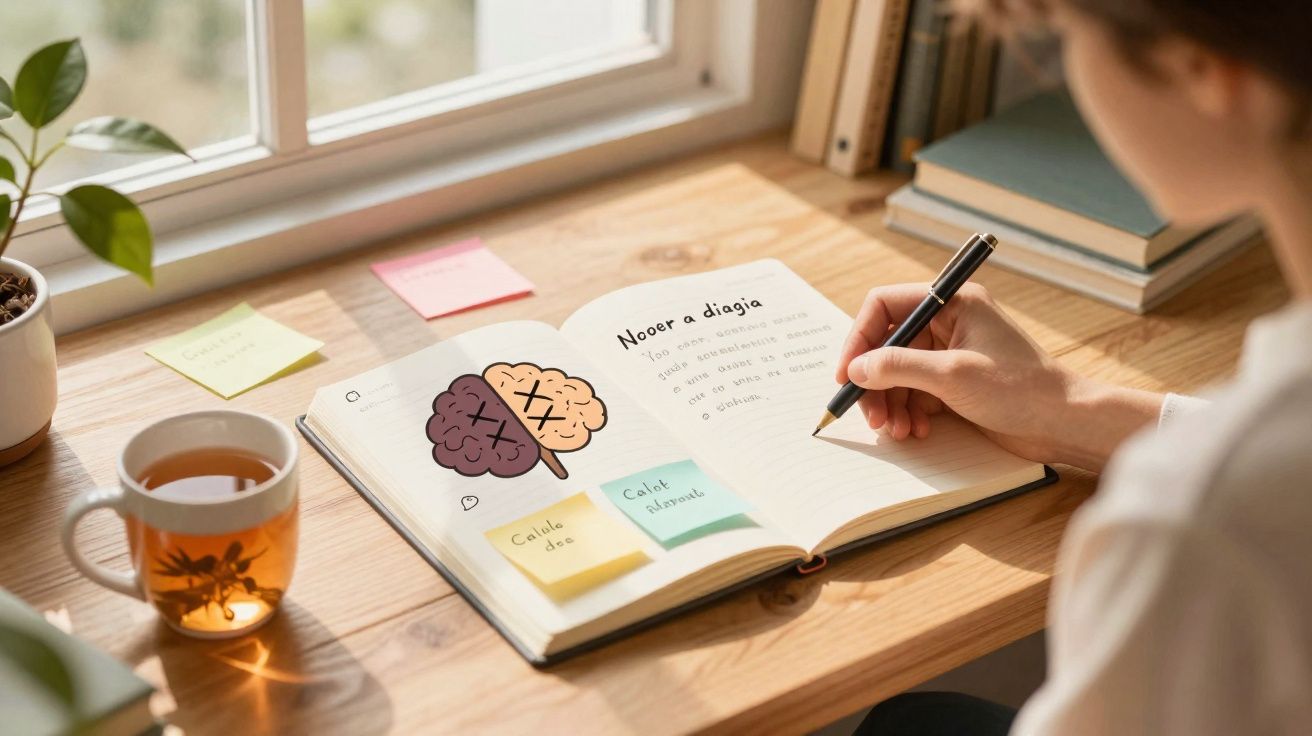 Pessoa a escrever num diário com desenhos, notas adesivas, chá e plantas numa secretária junto a uma janela.