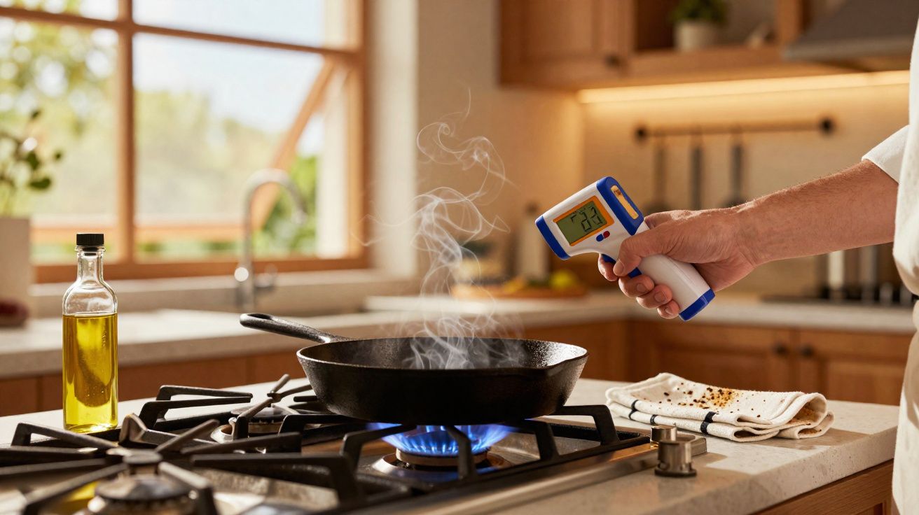 Mão a medir a temperatura de uma frigideira com termómetro infravermelho numa cozinha moderna.