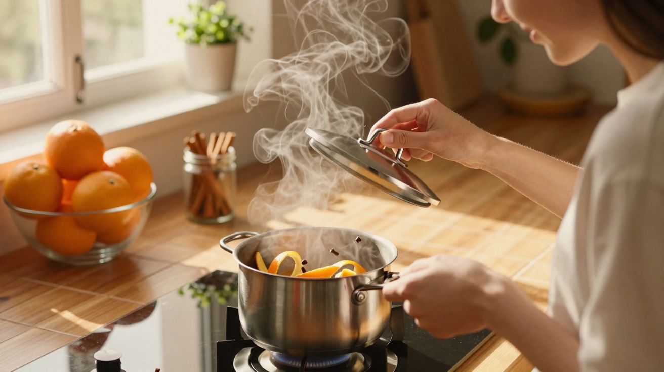 Pessoa a levantar tampa de panela com cascas de laranja e especiarias a cozer no fogão a gás numa cozinha.