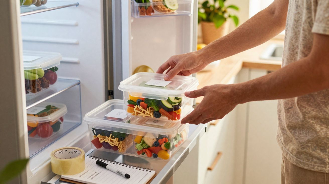 Pessoa a organizar refeições saudáveis em caixas plásticas transparentes junto ao frigorífico aberto na cozinha.