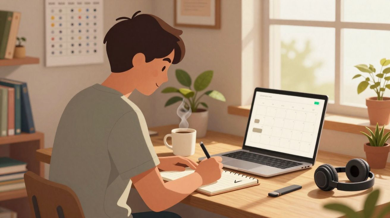 Pessoa a estudar sentada numa secretária com portátil, caderno, caneca de café e auscultadores.