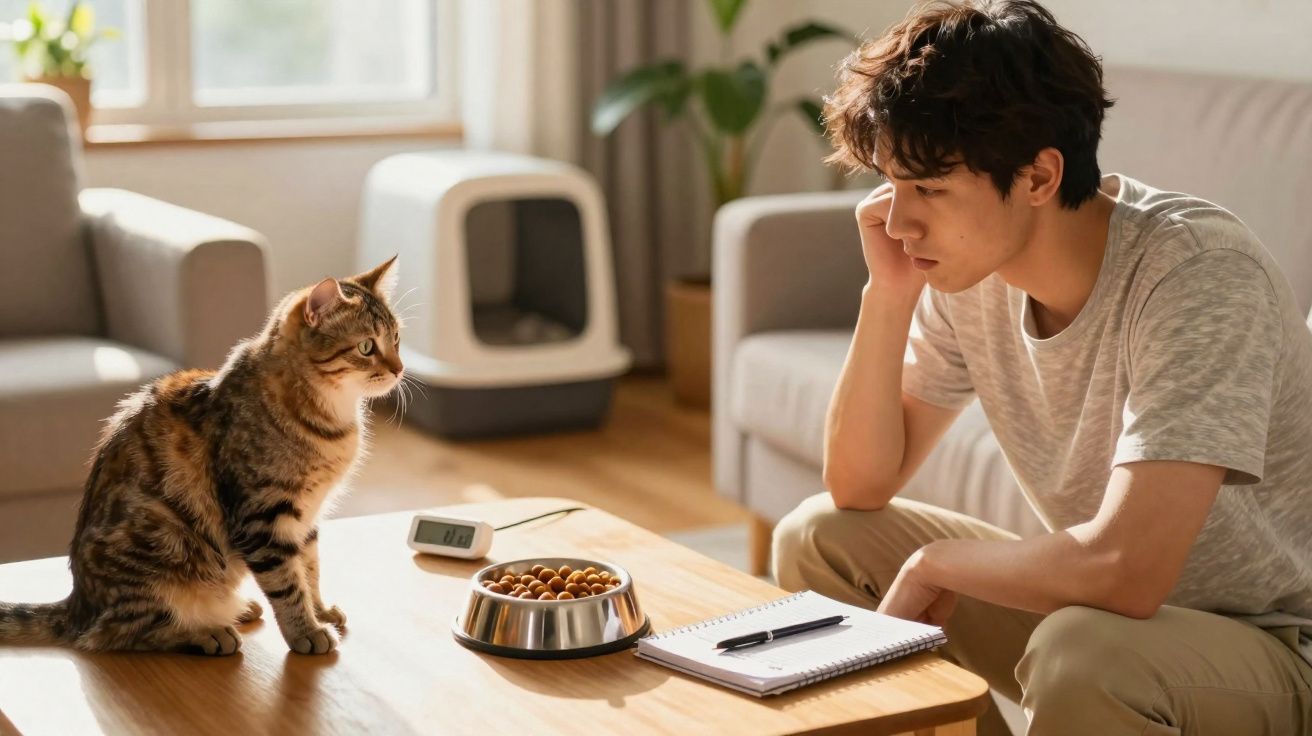 Jovem sentado à mesa a olhar para gato junto a taça de comida e bloco de notas, numa sala iluminada.
