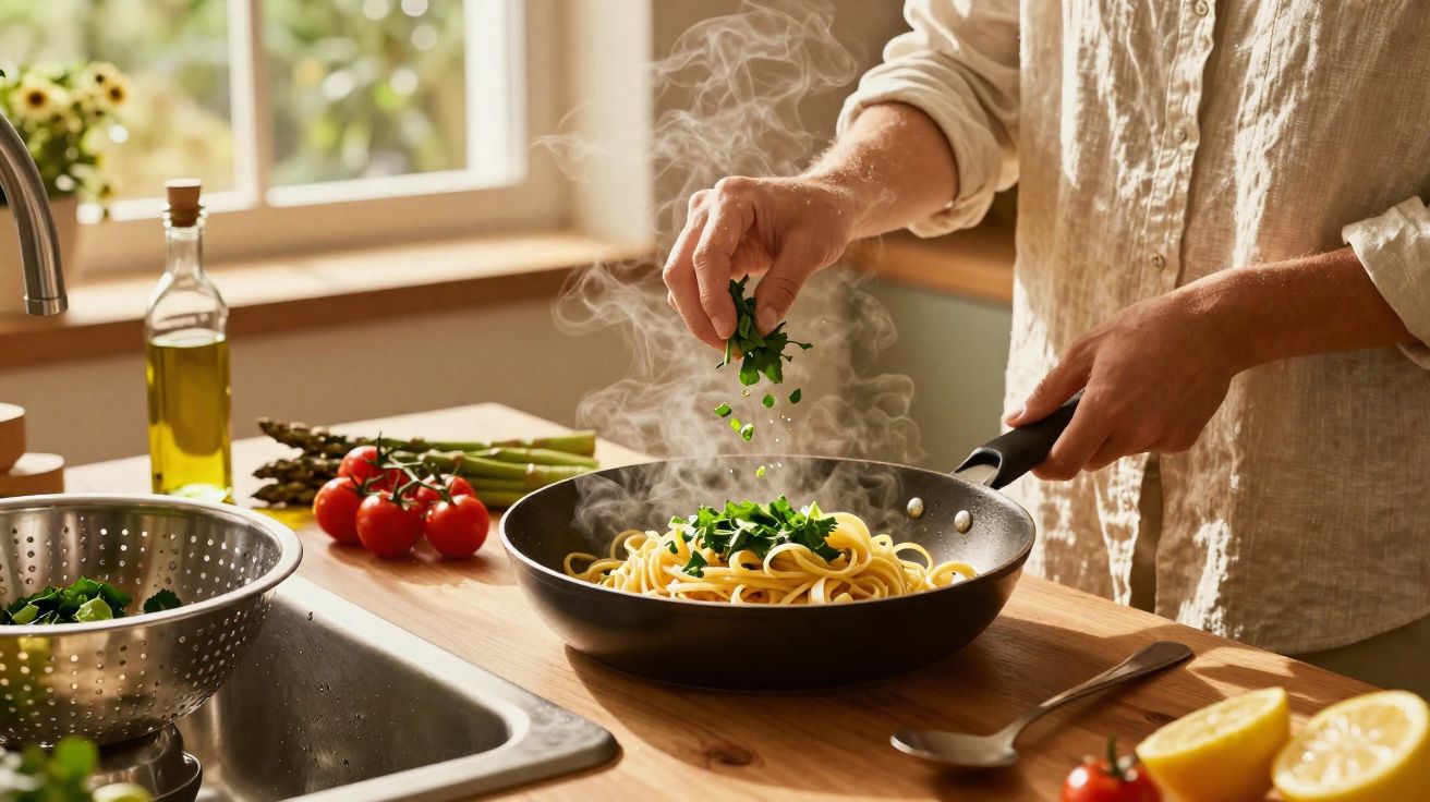 Pessoa a cozinhar esparguete com ervas frescas numa frigideira numa cozinha luminosa.