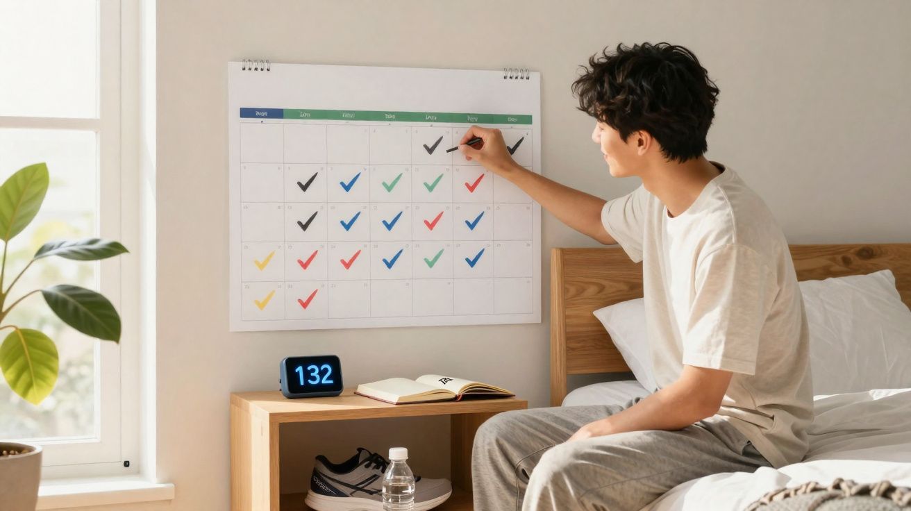 Jovem a assinalar dias num calendário pendurado na parede do quarto, sentado na cama.