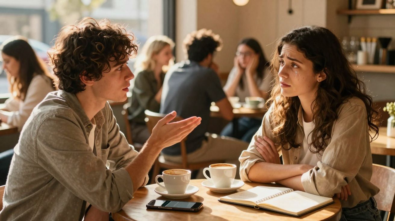 Homem e mulher conversam com expressão séria numa cafetaria, mulher parece preocupada e tem lágrimas nos olhos.