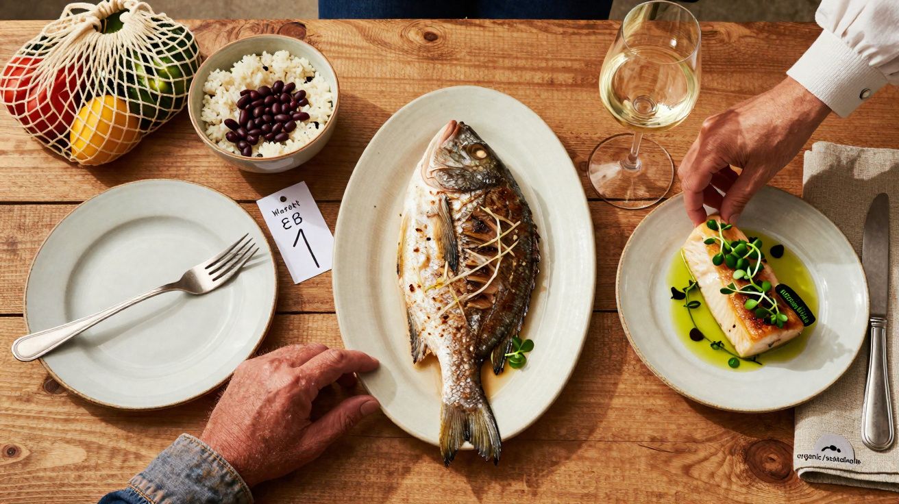 Mesa de madeira com peixe grelhado, arroz com feijão, prato de salmão, vinho branco e rede com frutas.