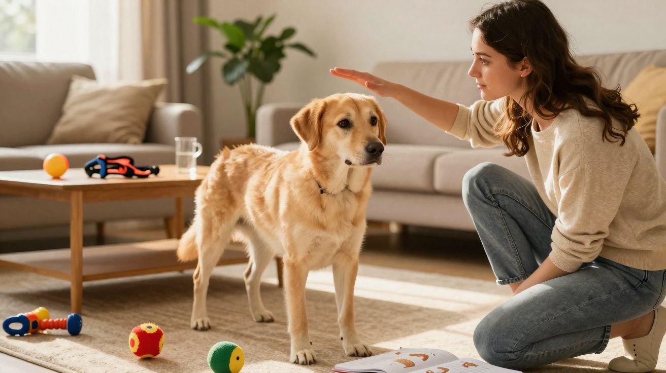 Mulher sentada no chão a treinar e fazer carinho a um cão dourado numa sala iluminada com brinquedos no chão.
