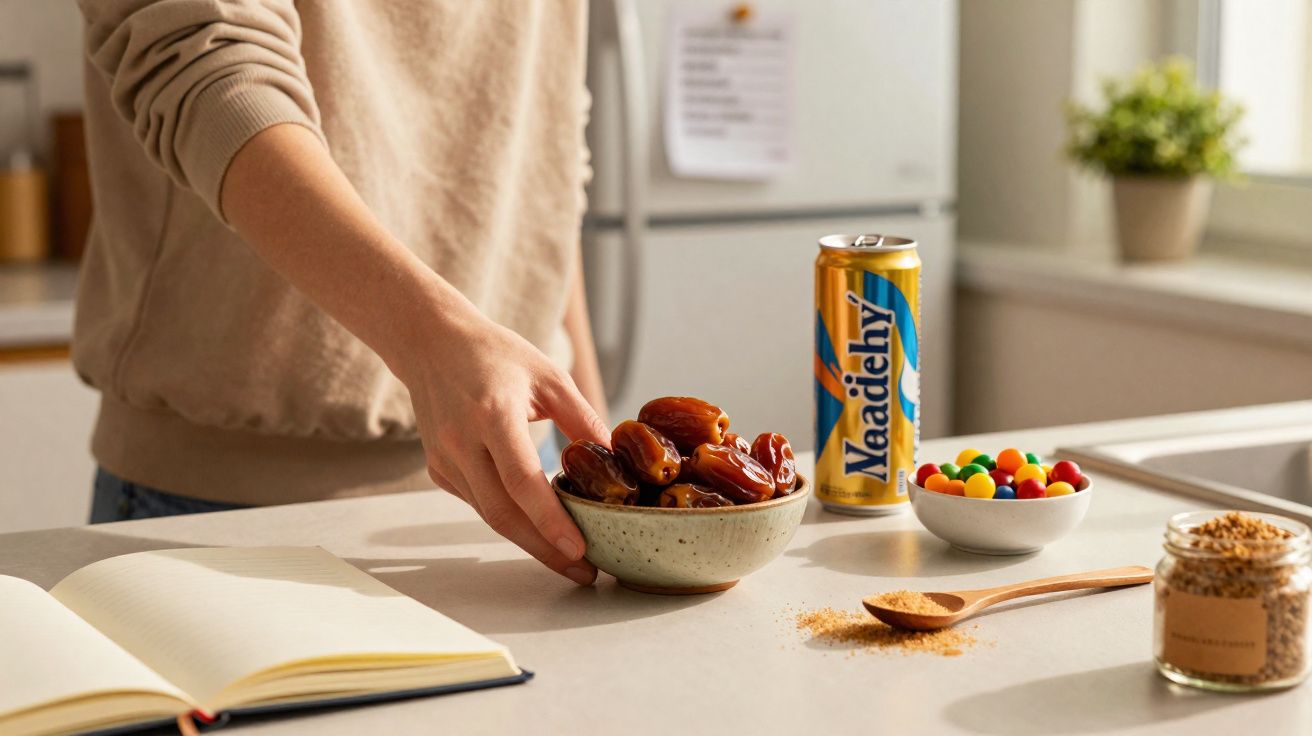 Pessoa a pegar tâmara numa tigela, com bebida, bolinhas coloridas, especiaria e livro aberto numa bancada.