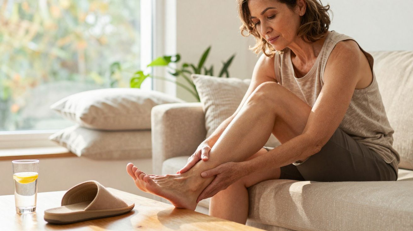 Mulher sentada no sofá a massagear a perna, com chinelos na mesa e copo de água com limão.