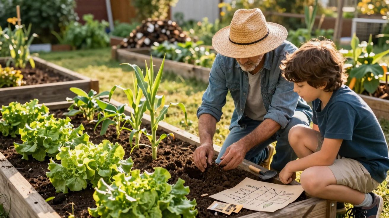 Homem idoso e criança a plantar em cama de jardim com alface e milho, ao ar livre em dia soalheiro.