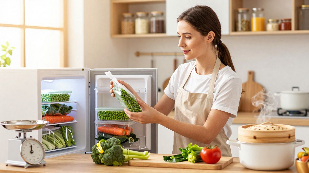 Mulher a guardar legumes frescos no frigorífico numa cozinha moderna e iluminada.