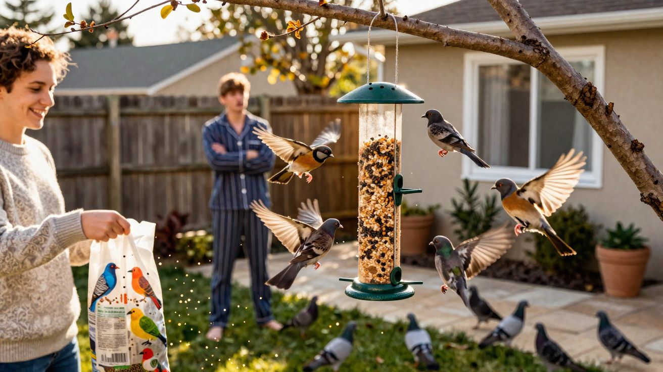 Pessoa a alimentar pássaros numa mangueira de sementes no jardim de casa ao entardecer.