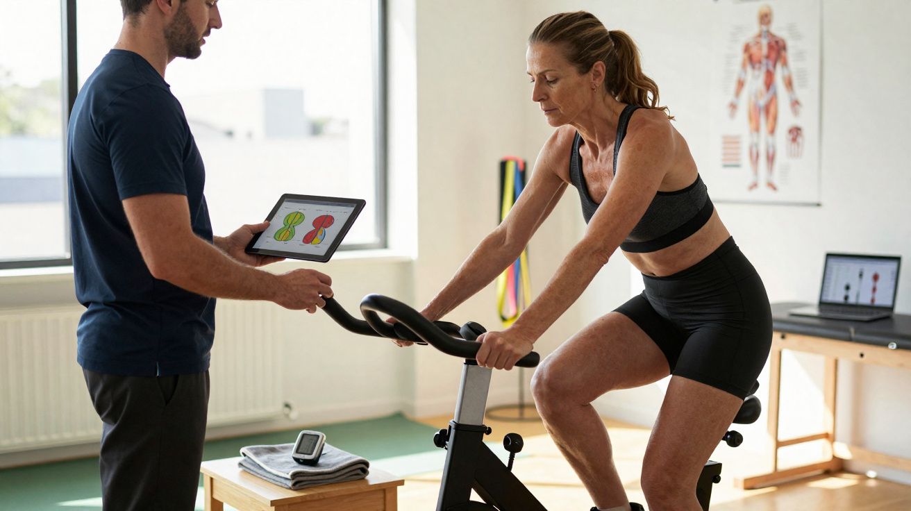 Mulher a pedalar numa bicicleta fixa enquanto treinador analisa dados num tablet numa sala de ginásio.
