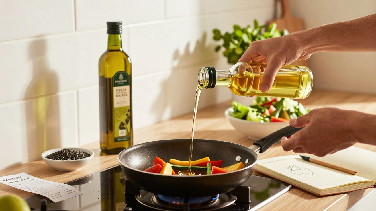 Mãos a verter azeite numa frigideira com legumes frescos numa cozinha iluminada e organizada.