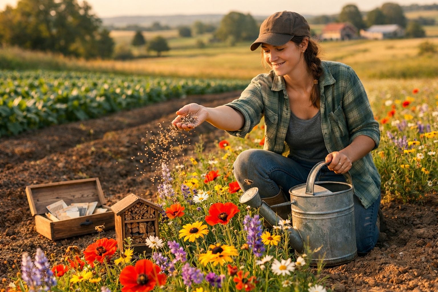 Mulher a semear flores coloridas num campo, com regador e caixa de sementes ao lado, ao pôr do sol.