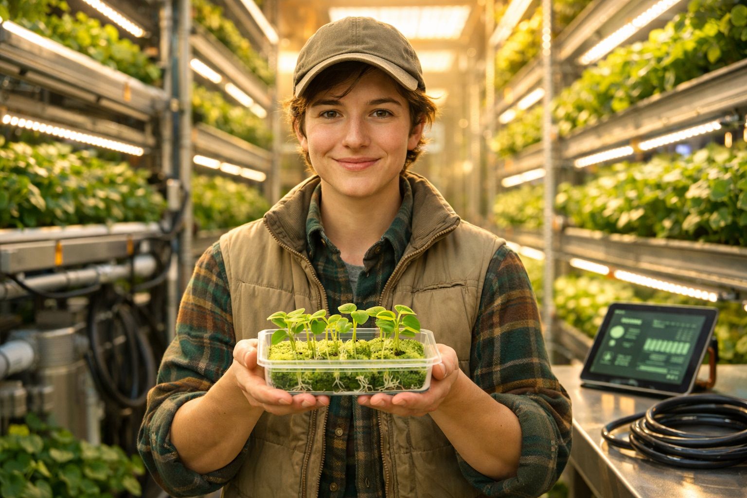 Jovem agricultor segura caixa com plantas jovens numa estufa moderna com tecnologia agrícola.