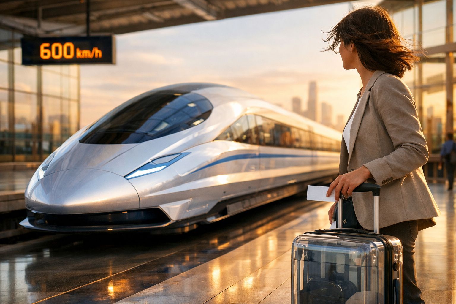 Mulher com mala de viagem observa comboio de alta velocidade na estação ao pôr do sol.