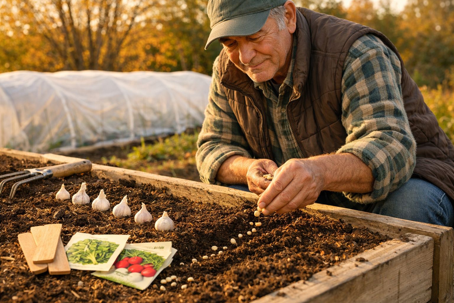 Homem a plantar sementes numa cama de cultivo ao ar livre durante o pôr do sol.