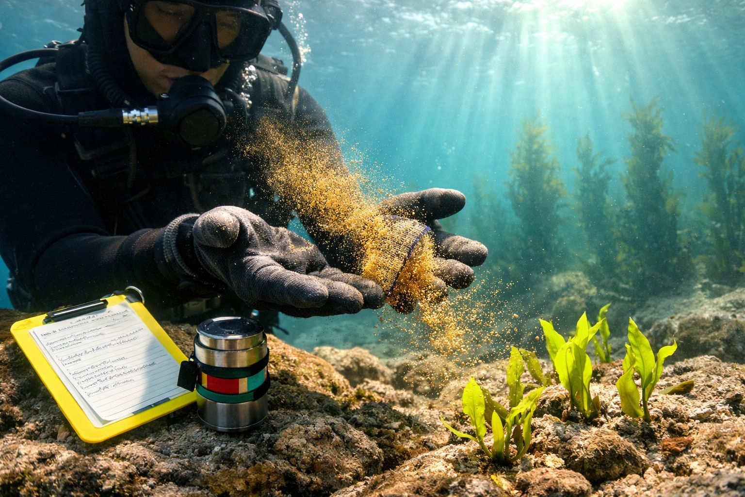 Mergulhador subaquático espalha sedimentos e estuda plantas marinhas num ambiente oceânico iluminado.