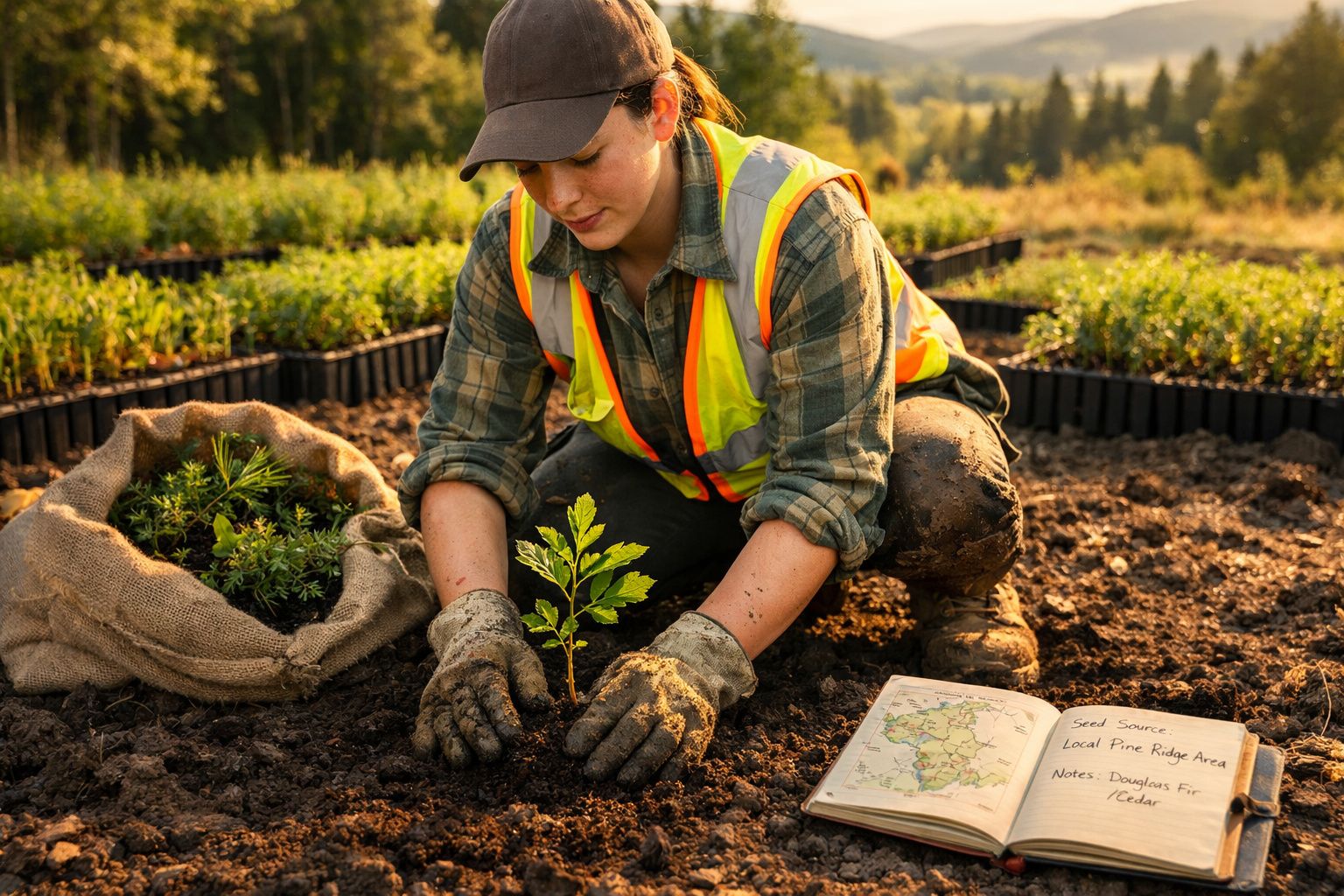 Pessoa vestida com colete refletor a plantar uma pequena árvore num campo ao ar livre, junto a um caderno aberto.