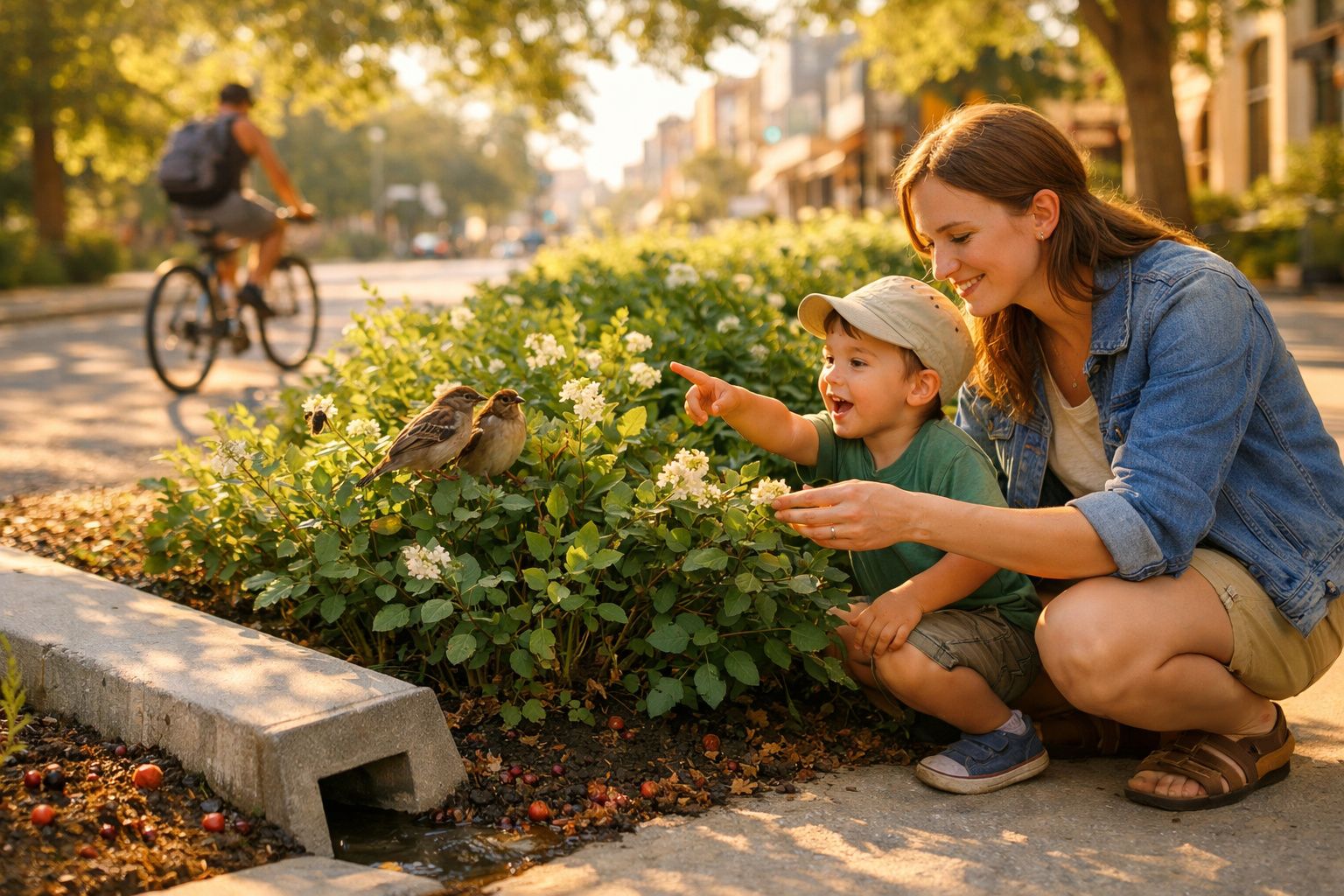 Mulher e criança observam e apontam para dois pássaros numa sebe florida numa rua ensolarada.