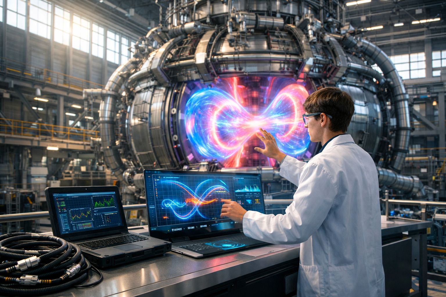 Cientista em laboratório controla dados de reator de fusão nuclear com ecrãs e gráficos digitais.