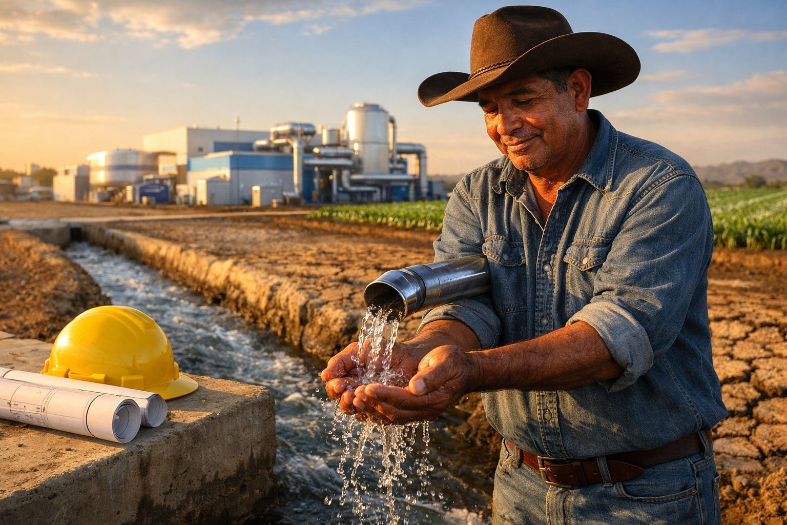 Homem em campo agrícola segura água a sair de cano para as mãos com fábrica ao fundo ao pôr do sol.