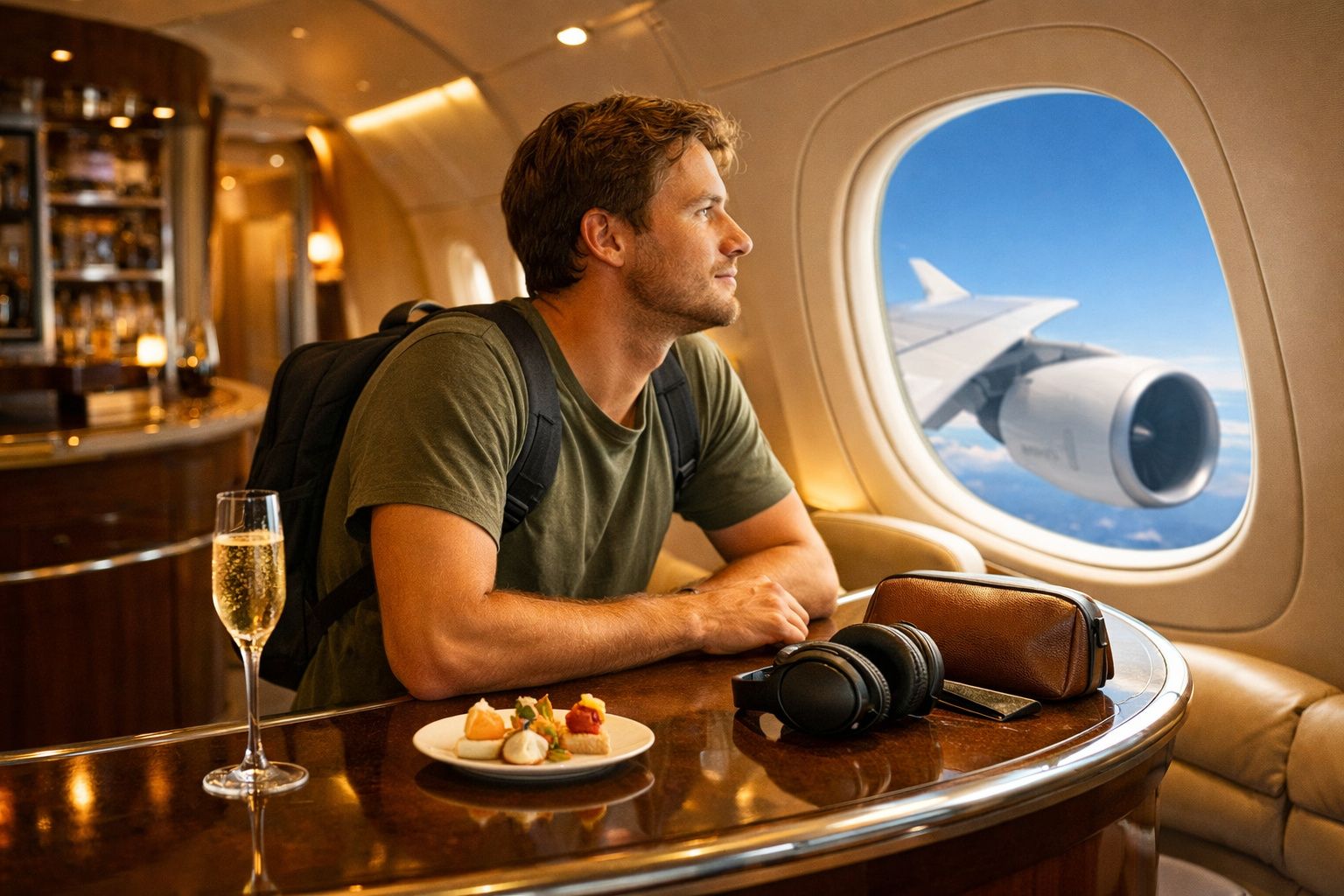 Homem sentado no interior de avião de luxo, olhando pela janela com petiscos e bebida na mesa.