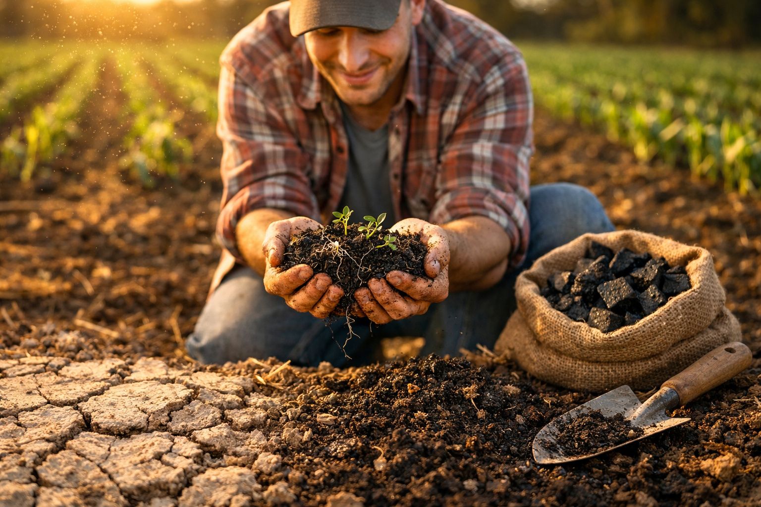 Homem segura planta com raízes na terra seca, com saco de carvão e enxada no chão ao lado.