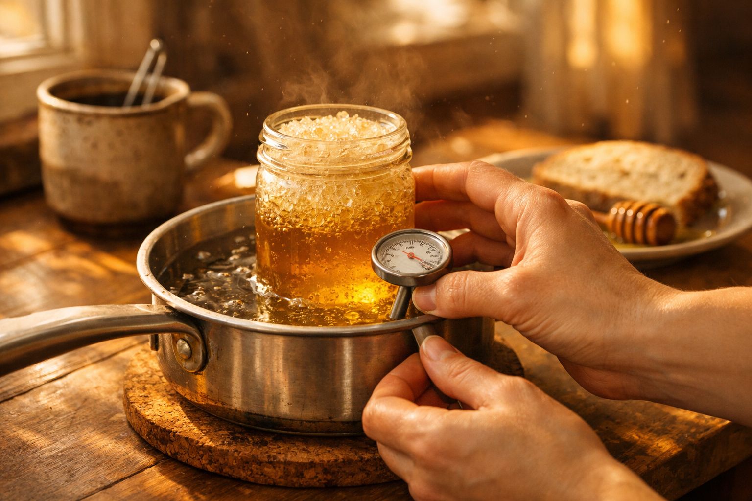 Mãos seguram termómetro a medir temperatura de um frasco com mel numa panela com água a ferver.