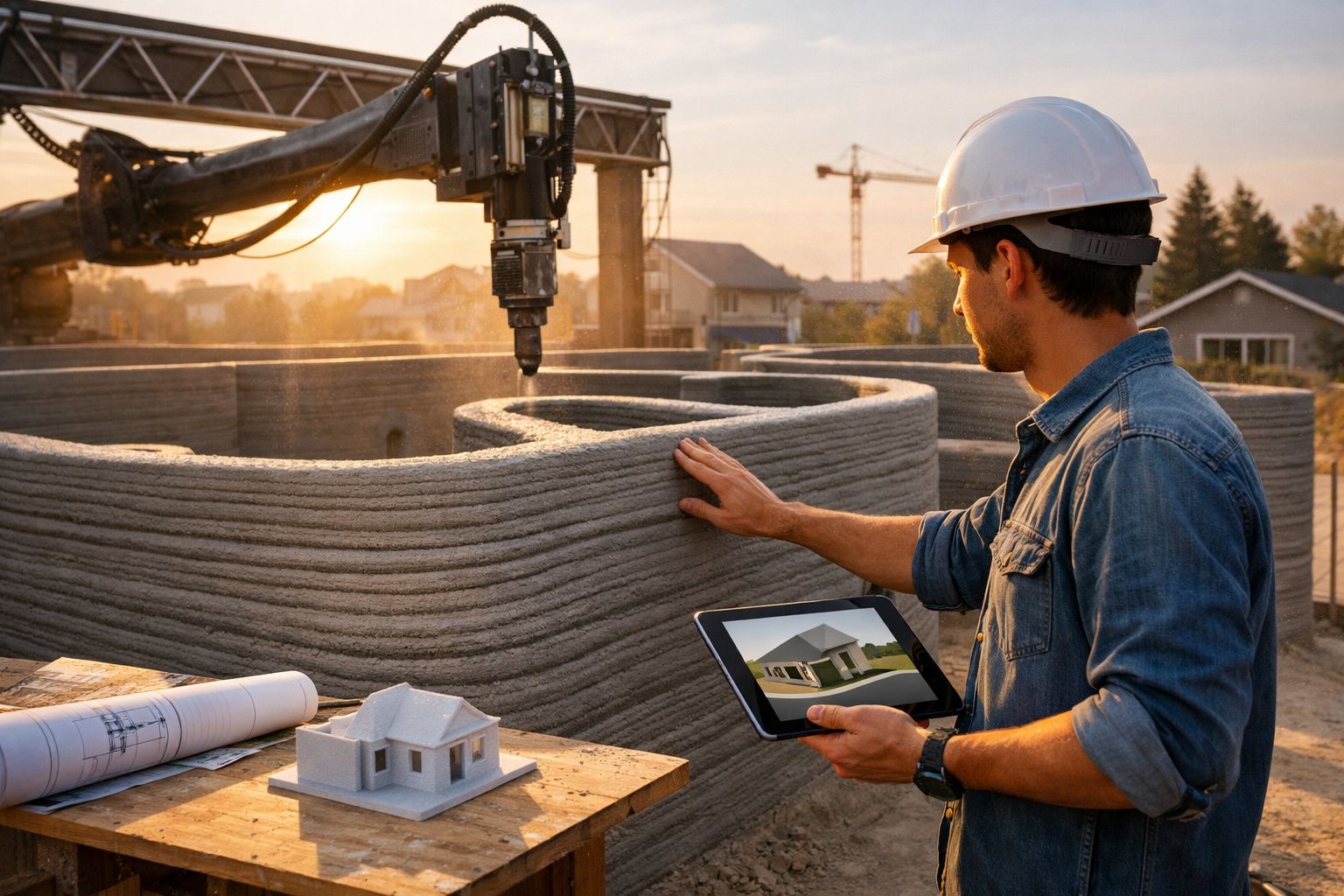 Homem com capacete observa casa impressa em 3D numa construção, segurando tablet com projeto arquitetónico.