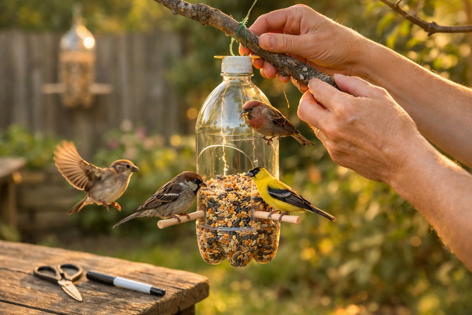 Pássaros a comerem sementes num comedouro artesanal feito com garrafa plástica suspensa no jardim.