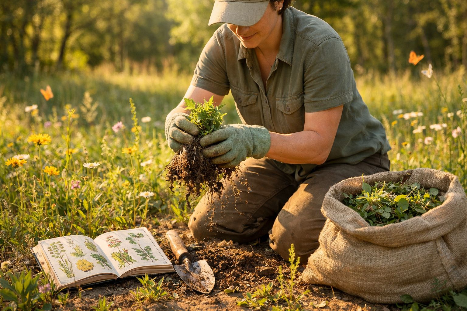 Pessoa a colher plantas com raízes num campo florido, com livro aberto e saco de juta cheio de plantas.