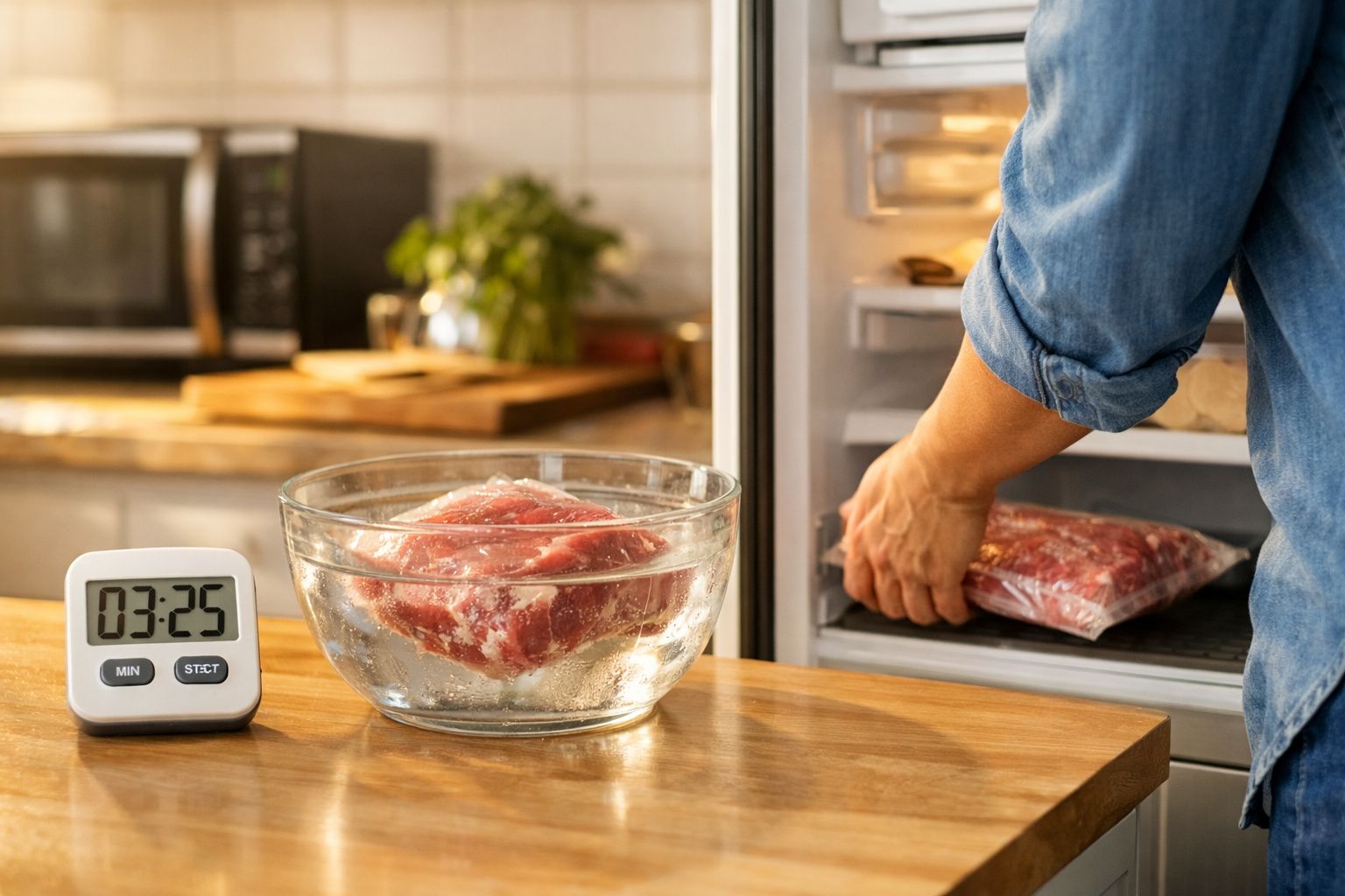 Mão a tirar carne embalada do congelador, carne a descongelar em água e temporizador digital na cozinha.